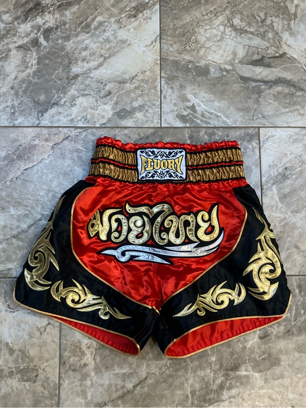 Fluory Muay Thai Shorts Red Gold Tribal Kickboxing MMA Size M